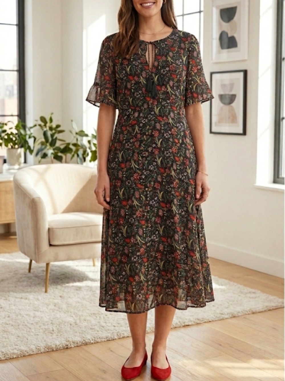 Mikael Aghal Shimmer Floral Midi Dress Size 10